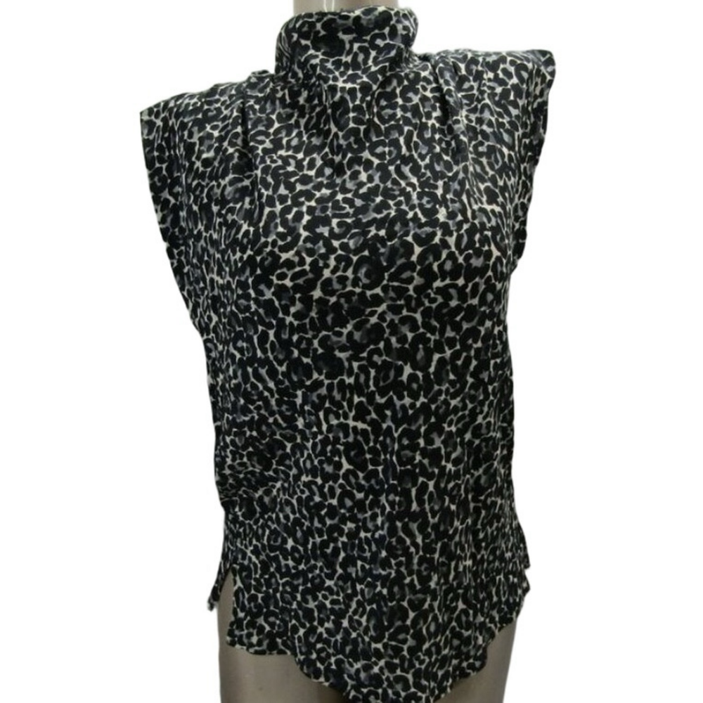Callas Milano Women’s Animal Print Mock Neck Blouse – Grey – Size 40